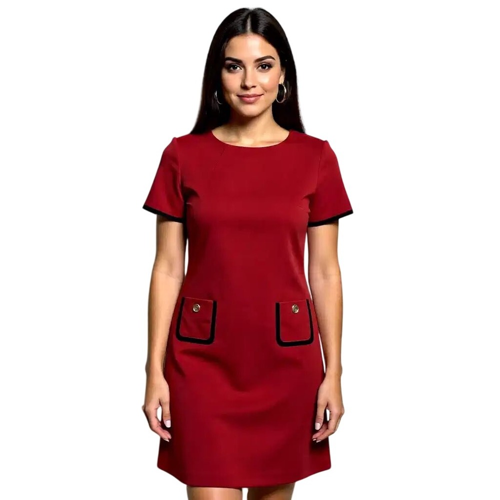 Tommy Hilfiger Womens Red  Sheath Dress Short Sleeve Gold Button‎ Pockets 6 NWT